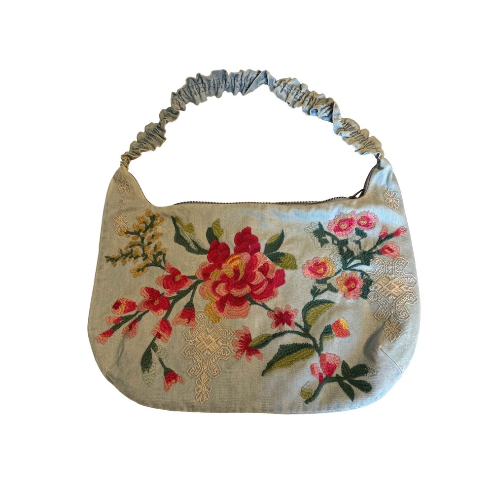 Johnny Was Hobo Bag Womens OS Blue Excellent Floral Embroidered Denim Boho